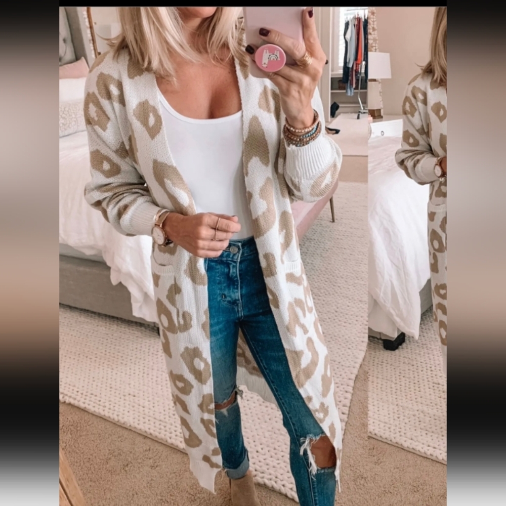 Long Sleeve Open Front Leopard Knit Long Cardigan New Size L